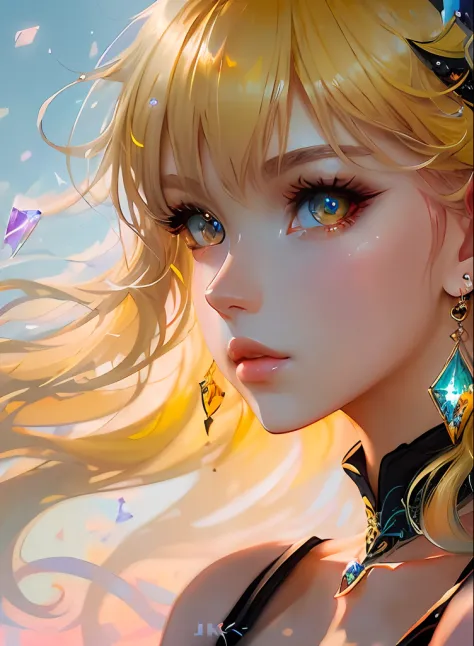 ((top-quality)), ((​masterpiece)), ((realisitic)), (detaileds),animesque、anime styled、 (1人の女性）Earrings only accessories、Close up portrait of woman with yellow hair color、Beautiful shining eyes, Like crystal clear glass、Tank Tops、Summer clothes、4K high-defi...