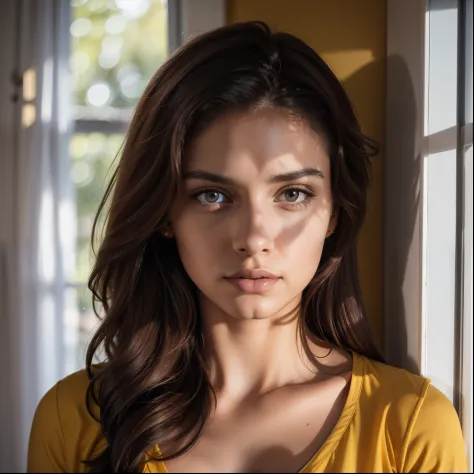 Mulher jovem de 20 anos, roupas de dormir, camisola amarela transparente, no quarto, em casa. ((Autorretrato de rosto frontal)),...