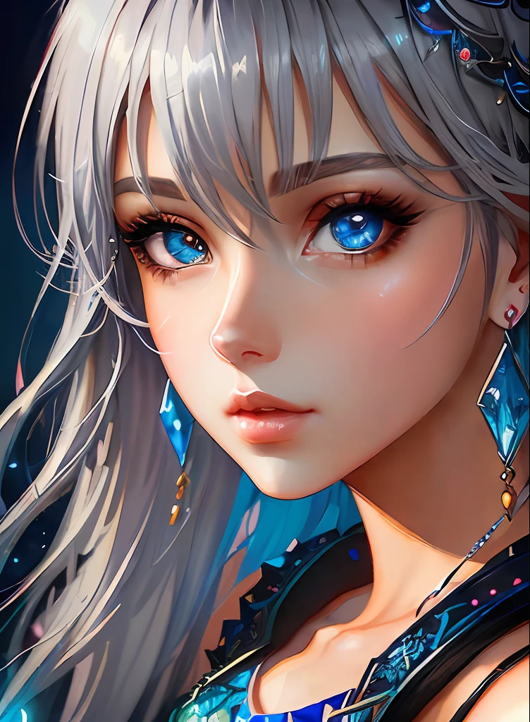 ((top-quality)), ((​masterpiece)), ((realisitic)), (detaileds),animesque、anime styled、 (1 woman）Earrings only accessories、Close up portrait of woman with gray hair color、Beautiful shining eyes, Like crystal clear glass、Tank Tops、Summer clothes、4K high-definition digital art、stunning digital illustration、Stunning 8K artwork、colorfull digital fantasy art、Colorful and bright、beautiful digital works of art、Colorful Digital Anime Art、Portrait of beautiful woman、8K HD Digital Wallpaper Art、 Gorgeous Digital Painting