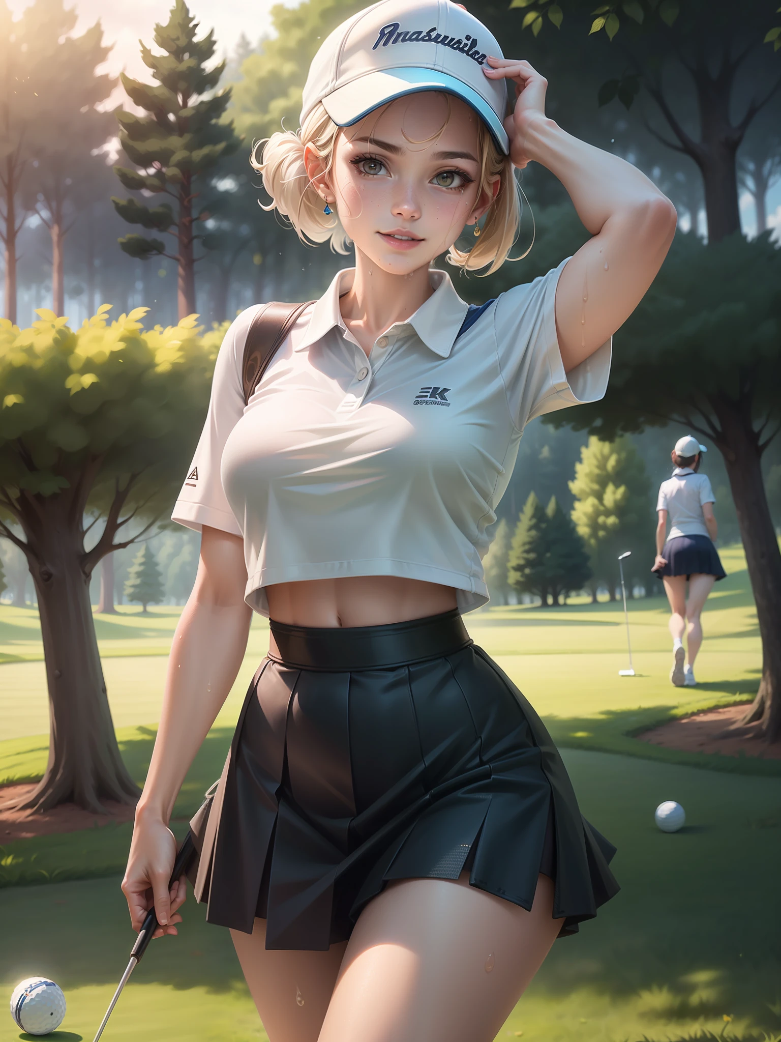 (8K, Best Quality, masutepiece:1.2), ( Photorealsitic:1.37), Ultra-detailed,Best Quality, 超A high resolution, Professional Lighting,Physically-based rendering, Cinematic lighting,dynamic shot, Golf Competition Venue,depth of fields, Sharp Focus, Good composition,(Bokeh:1.2) 1girl in,Solo,(nice legs), Beautiful detailed eyes, Wet skin,Sweat, small head,Large breasts,Narrow waist,Golf Uniform Skirt,