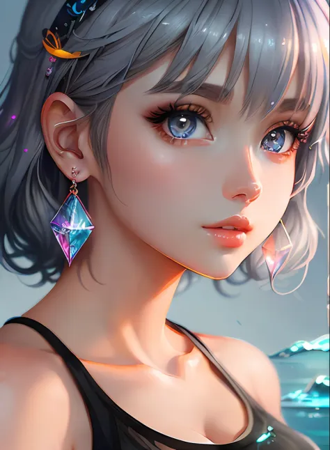 ((top-quality)), ((​masterpiece)), ((realisitic)), (detaileds),animesque、anime styled、 (1人の女性）Earrings only accessories、Close up portrait of woman with gray hair color、Beautiful shining eyes, Like crystal clear glass、Tank Tops、Summer clothes、4K high-defini...
