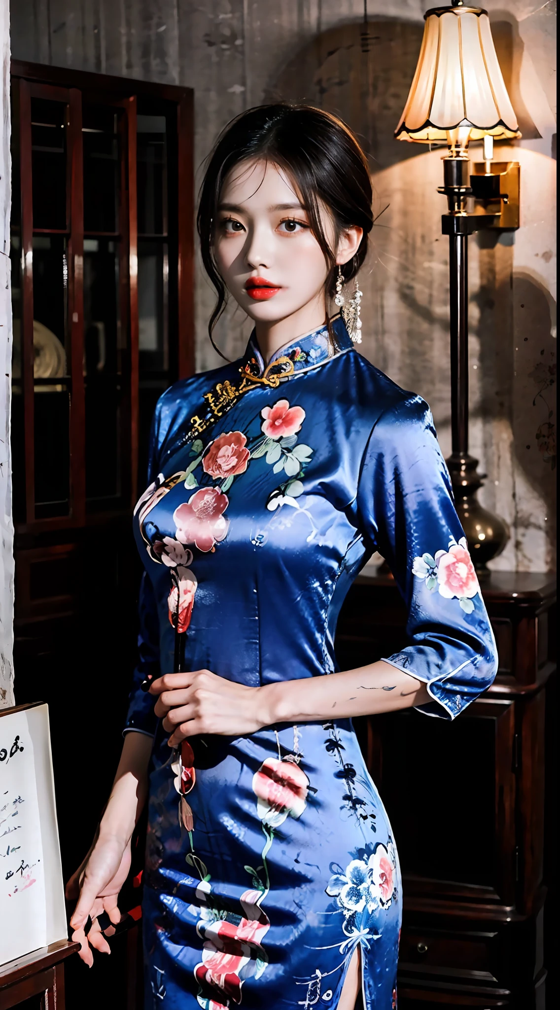 Beautiful and  cheongsam woman，She wears lipstick，Dark lights filled the surroundings，Atmosphere at night，Full of Chinese atmosphere，She missed her lover，Deeply enveloped in sadness，Write brush words，The picture is HD，A masterpiece。