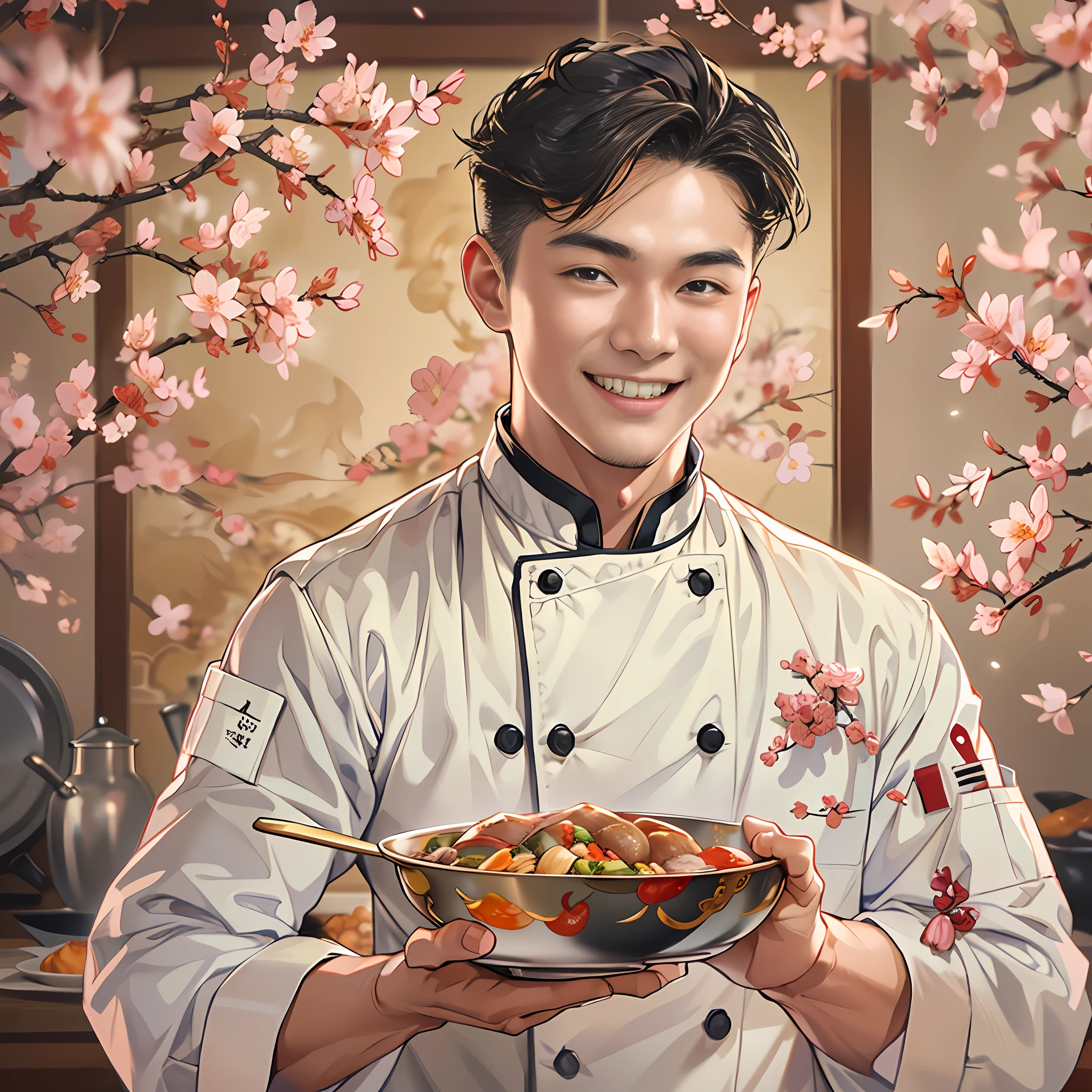 A young and handsome chef stands in front of the camera，happy grin，Holding a porcelain bowl with tempting meat bean blossoms,in the style of the stars art group xing xing, 32K, Best quality, Masterpiece, Super detail,