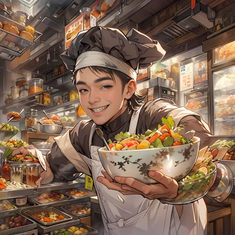 A young handsome male chef stands next to a snack cart，With a smile,Holding a bowl of clear soup in his hand,in the style of the stars art group xing xing, 32K, Best quality, Masterpiece, Super detail, High details