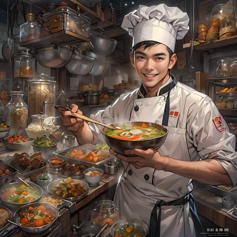 A young handsome male chef stands next to a snack cart，With a smile on his face，Holding a bowl of clear soup in his hand，Detailed close-up of faces，in the style of the stars art group xing xing, 32K, Best quality, Masterpiece, Super detail, High details