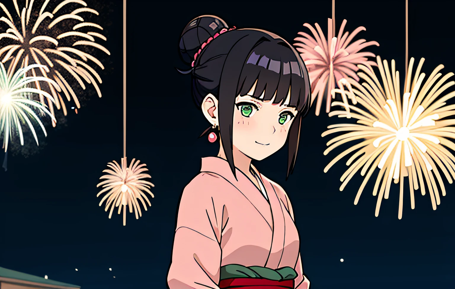 masterpiece, best quality, 1girl, short black hair, hair bun hairstyle, green eyes, pink yukata, small breasts, happy, sweating, in matsuri setting, earrings, standing, full body, blushing, fireworks, night