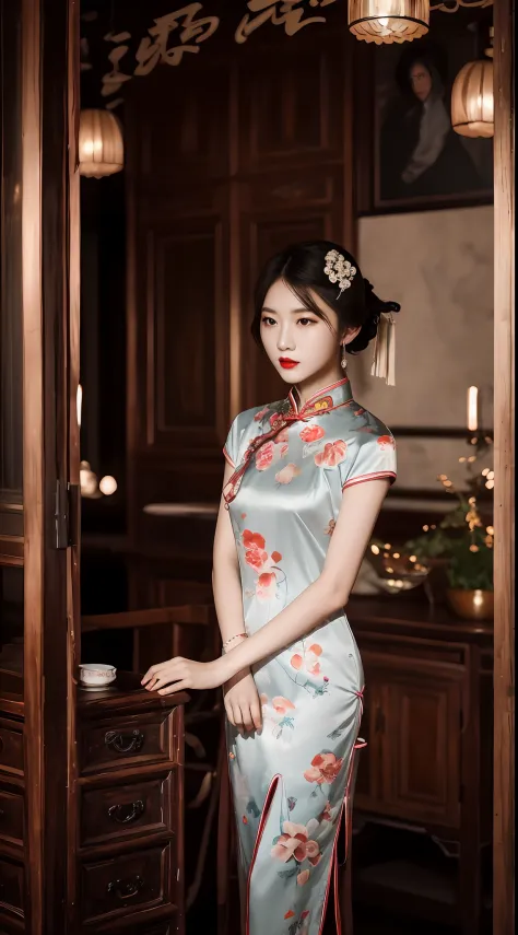 Beautiful and lonely cheongsam woman，She wears lipstick，Dark lights filled the surroundings，Atmosphere at night，Full of Chinese ...