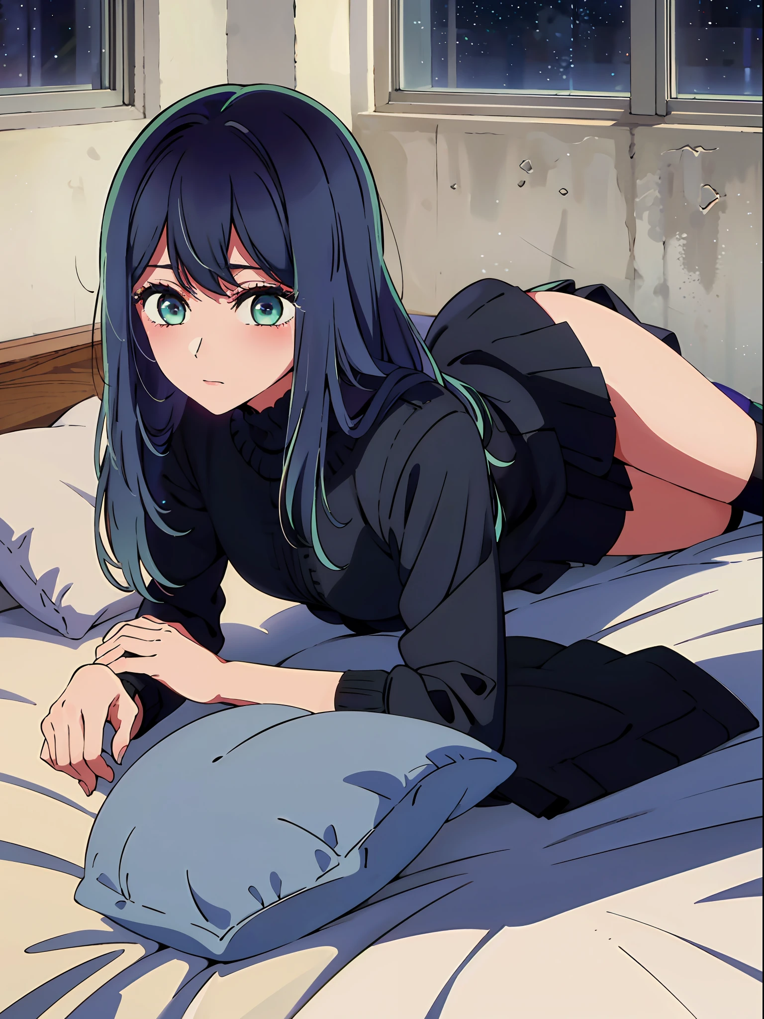 (long hair), beautiful detailed eyes, blushed, mature, wearing blue  dress, black thigh high socks, ((lying on bed)), full body, starry sky, at night, absurdres, high res, ultrasharp, 8K, masterpiece, looking at viewer