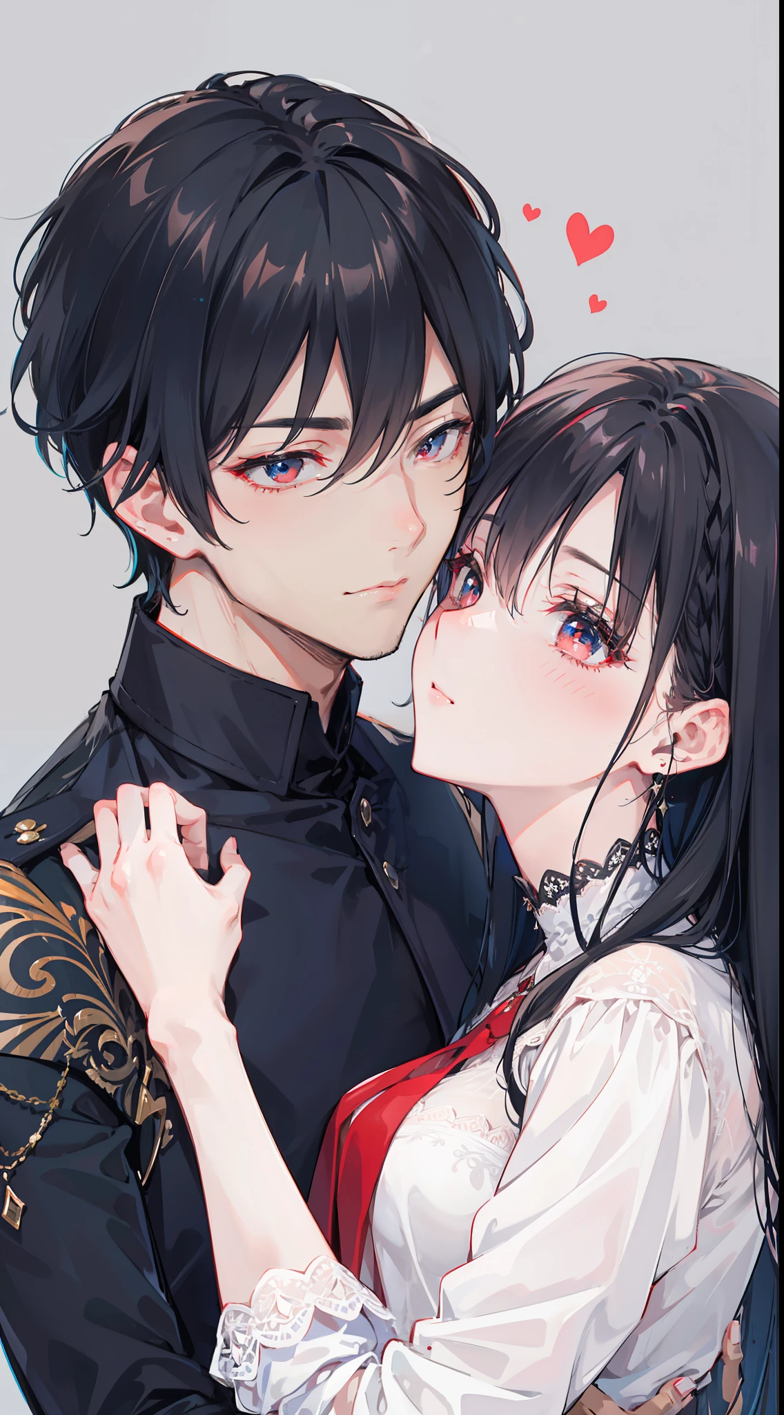 "4k romantic fantasy scene: mature couple embracing tenderly. The man with black hair and blue eyes, and the woman with elegantly tied black hair and mesmerizing red eyes."