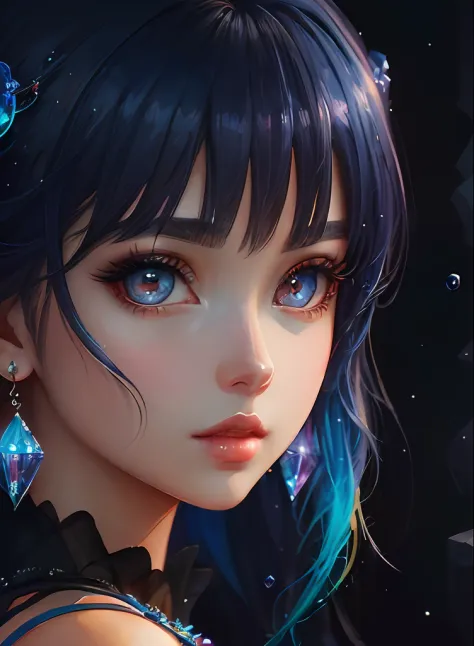 ((top-quality)), ((​masterpiece)), ((realisitic)), (detaileds),animesque、anime styled、 (1人の女性）Earrings only accessories、Close up portrait of woman with dark blue hair、Beautiful shining eyes, Like crystal clear glass、Tank Tops、Summer clothes、4K high-definit...
