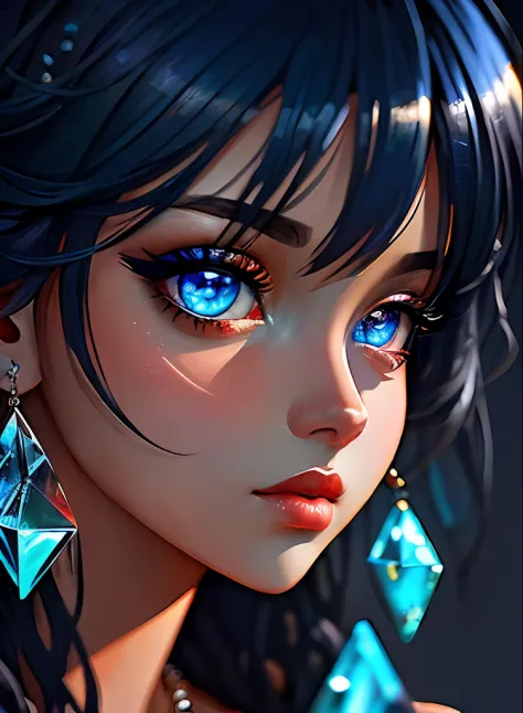((top-quality)), ((​masterpiece)), ((realisitic)), (detaileds),animesque、anime styled、 (1人の女性）Earrings only accessories、Close up portrait of woman with dark blue hair、Very beautiful and shining eyes, Like crystal clear glass、Tank Tops、Summer clothes、4K hig...
