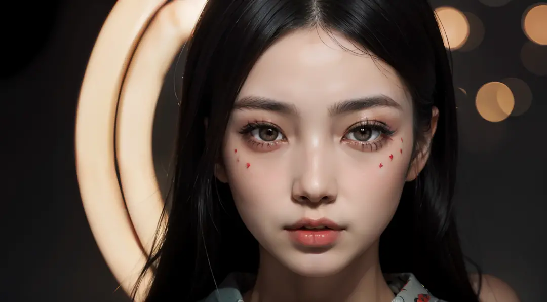 Japanese woman frontal face close up, beautiful, perfect face, modern geisha, fashion make up, staring at the camera, tattoed face, japanese tattoos on face, red lights, minimalistic background, ultra detailed, photorealistic, skin details, close up, ultra...