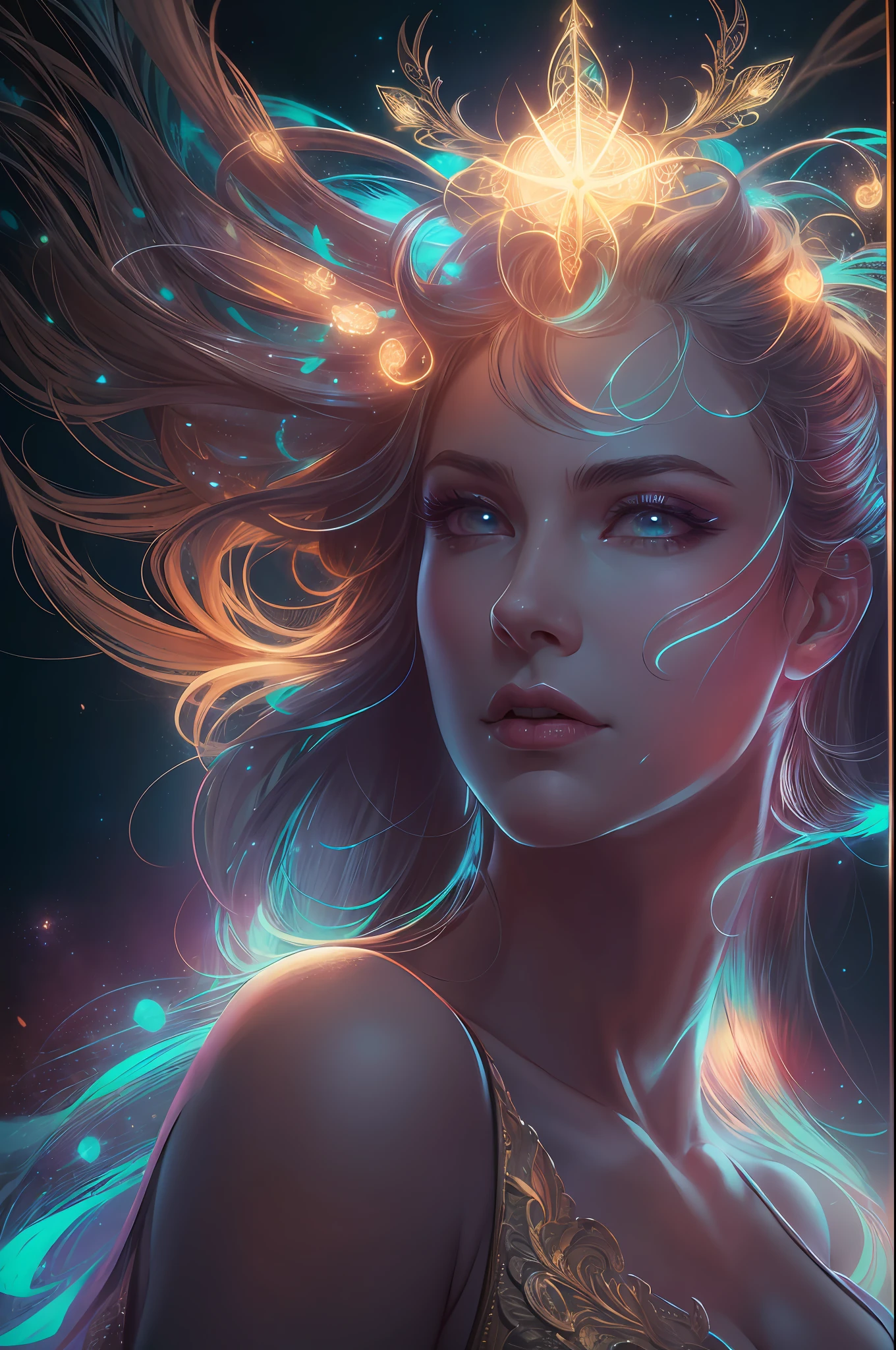 A woman with long hair and glowing lights on her head - SeaArt AI