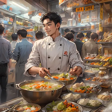 A young handsome male chef stands next to a snack cart，With a smile on his face，Holding a bowl of clear soup in his hand，Detailed close-up of faces，in the style of the stars art group xing xing, 32K, Best quality, Masterpiece, Super detail, High details