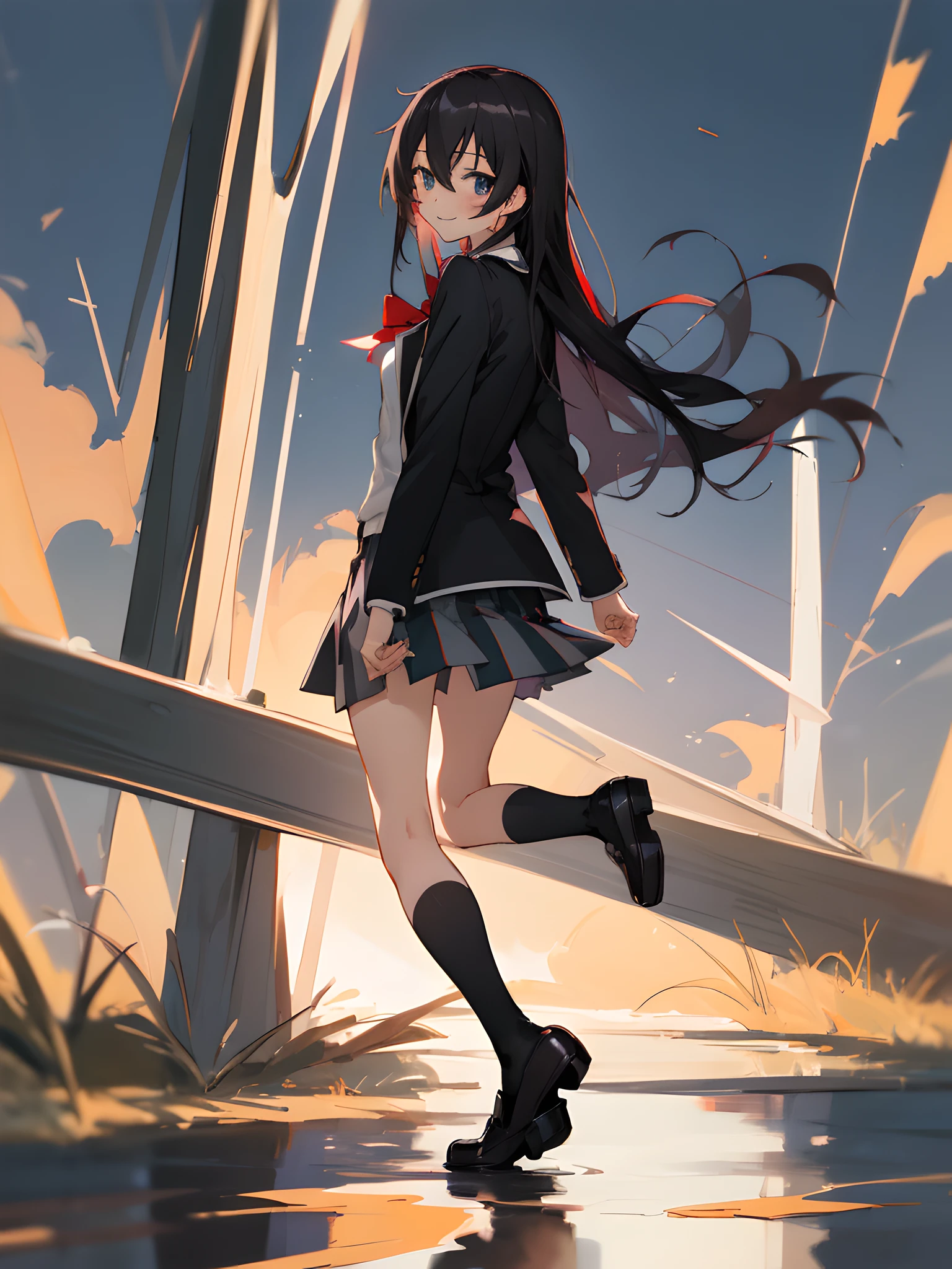 ((masterpiece,best quality)),1girl, yukinoshita yukino, long black hair, looking at viewer, looking back, smile, kyoto, blue eyes, full body, sobu high school uniform, white shirt, black blazer, open jacket, red bow tie, black knee socks, loafer