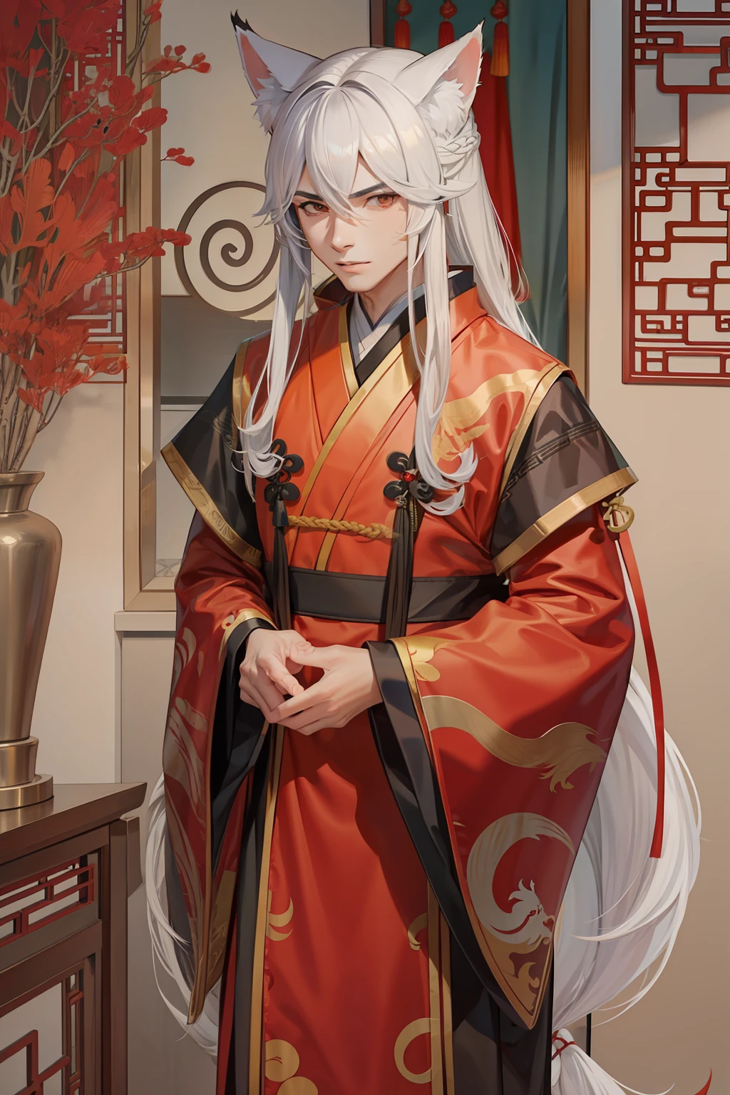 Chinese-style costume nine-tailed fox man with long silver hair