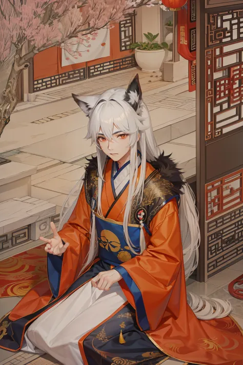 Chinese-style costume nine-tailed fox man with long silver hair