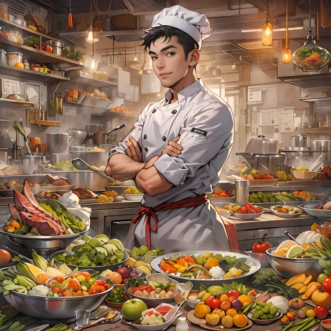A young and handsome chef with a slight smile on his lips, hands on hips, exuding confidence in his gaze. Various images of ingredients float around him, such as vegetables, fruits, meats, and more.,in the style of the stars art group xing xing, 32k, best ...
