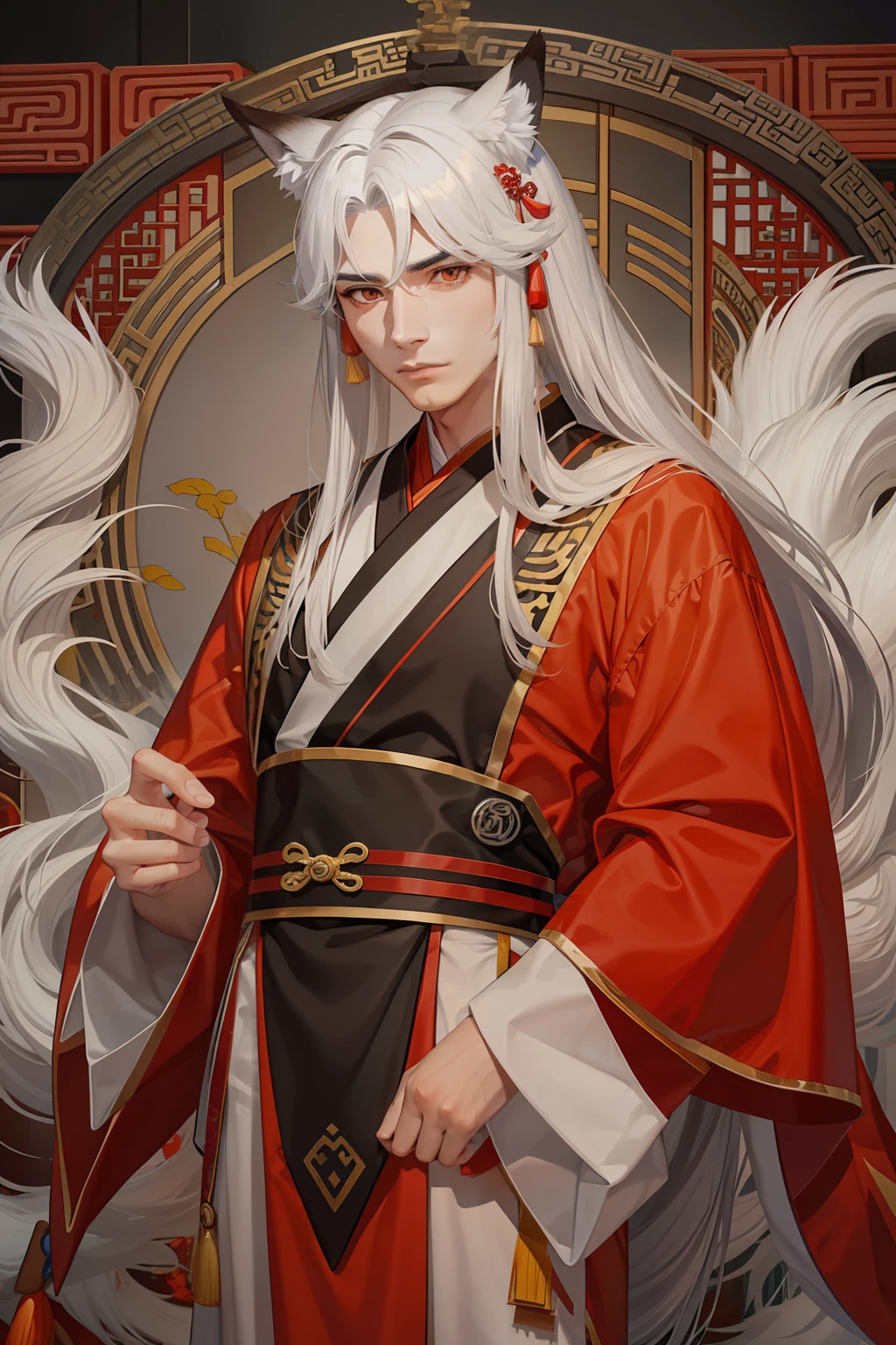 Chinese-style nine-tailed fox man in ancient costume, long silver hair, cinematic sense