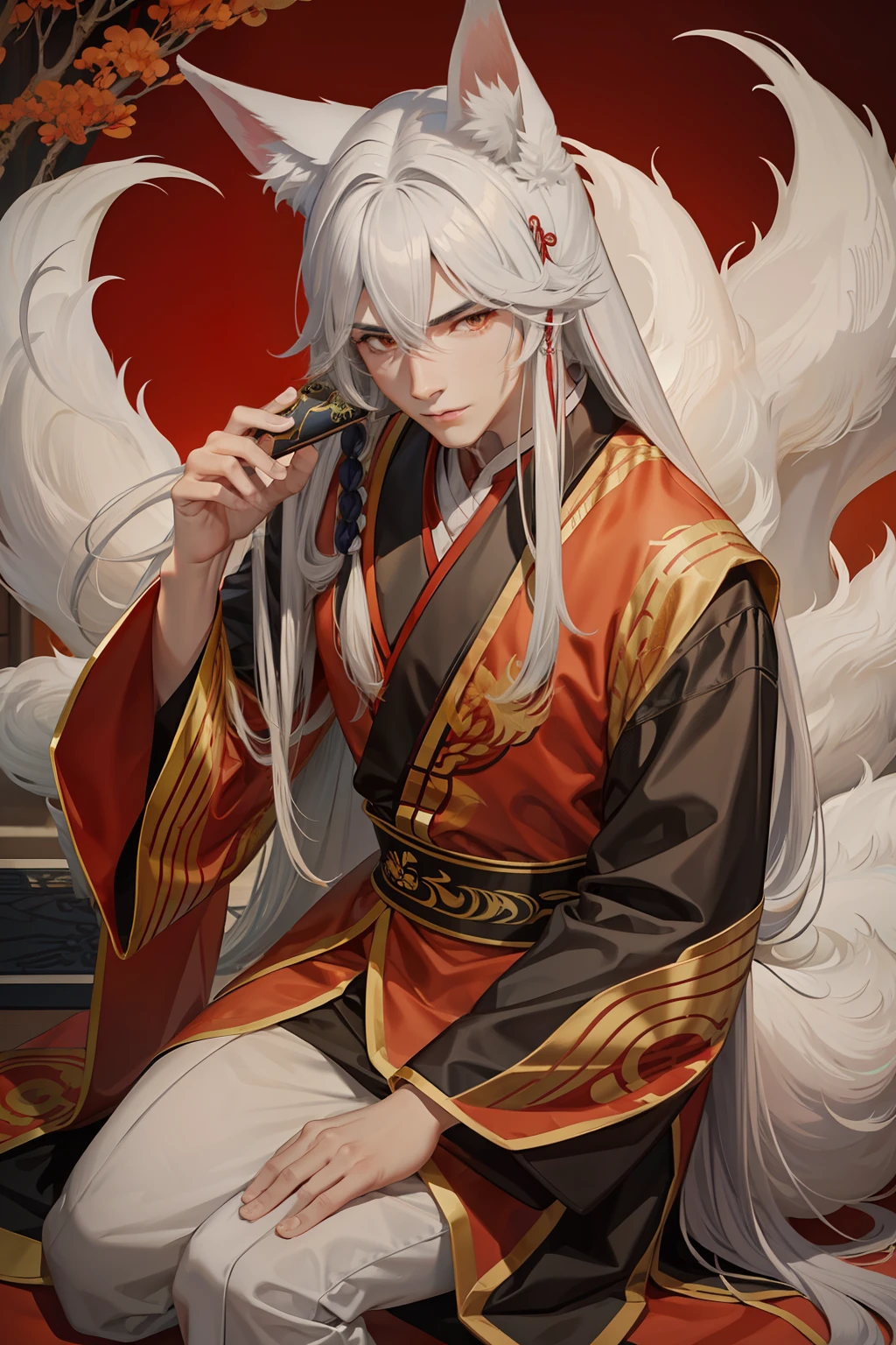 Chinese-style nine-tailed fox man in ancient costume, long silver hair, cinematic sense