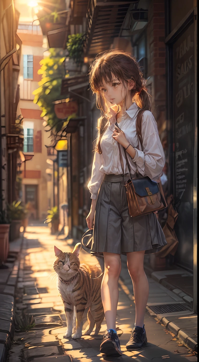 A 13-year-old girl, walking alone in an alley, coming home from get off work, wearing white office clothes, the top of her clothes is unbuttoned, looks tired and weak, her hair is a little messy, but there is a slight smile on her lips, holding a briefcase, there is a cat on it, a trash can, and a few parked bicycles, the sunset rays look perfect with her golden light behind,  The sky is orange, but still blue on the closest side, the photo was taken from a lower corner close to the alley floor