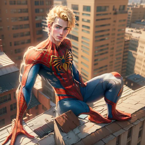 high quality, 1man, (((handsome blonde american Ken as Spiderman dilf))), (((blue eyes))) (((on the rooftop of building))) (((no...