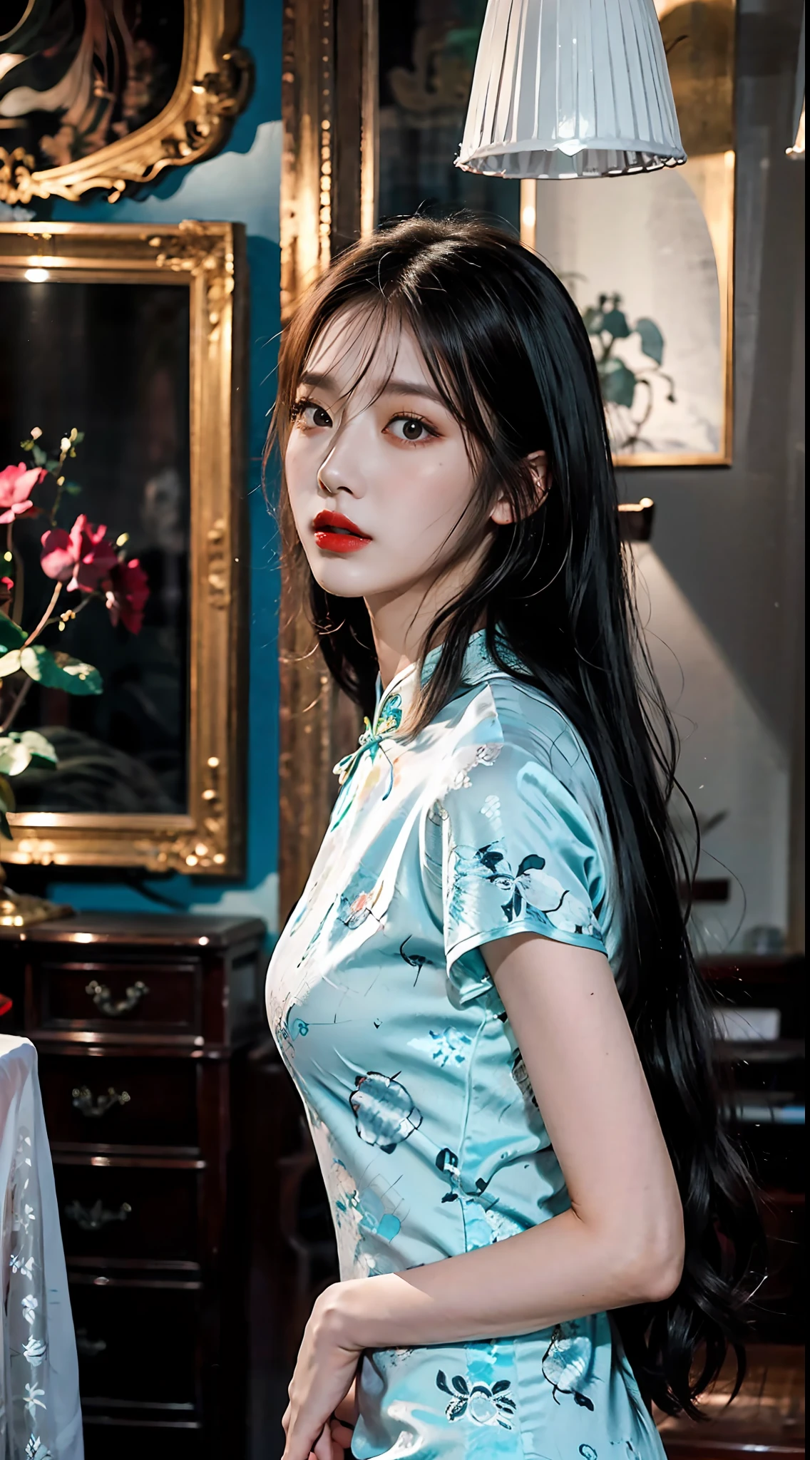 "Beautiful and ，Cyan cheongsam beauty，She wears lipstick，She looked up，Dark lights filled the surroundings，The atmosphere of the night，Full of vintage，She missed her lover，Deeply shrouded in sadness，The picture is HD，A masterpiece。"