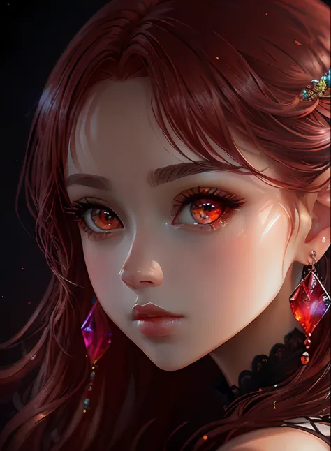 ((top-quality)), ((​masterpiece)), ((realisitic)), (detaileds),animesque、anime styled、 (1人の女性）Earrings only accessories、Close up portrait of woman with wine red hair、Very beautiful glowing eyes, Like crystal clear glass、Tank Tops、Summer clothes、4K high-def...