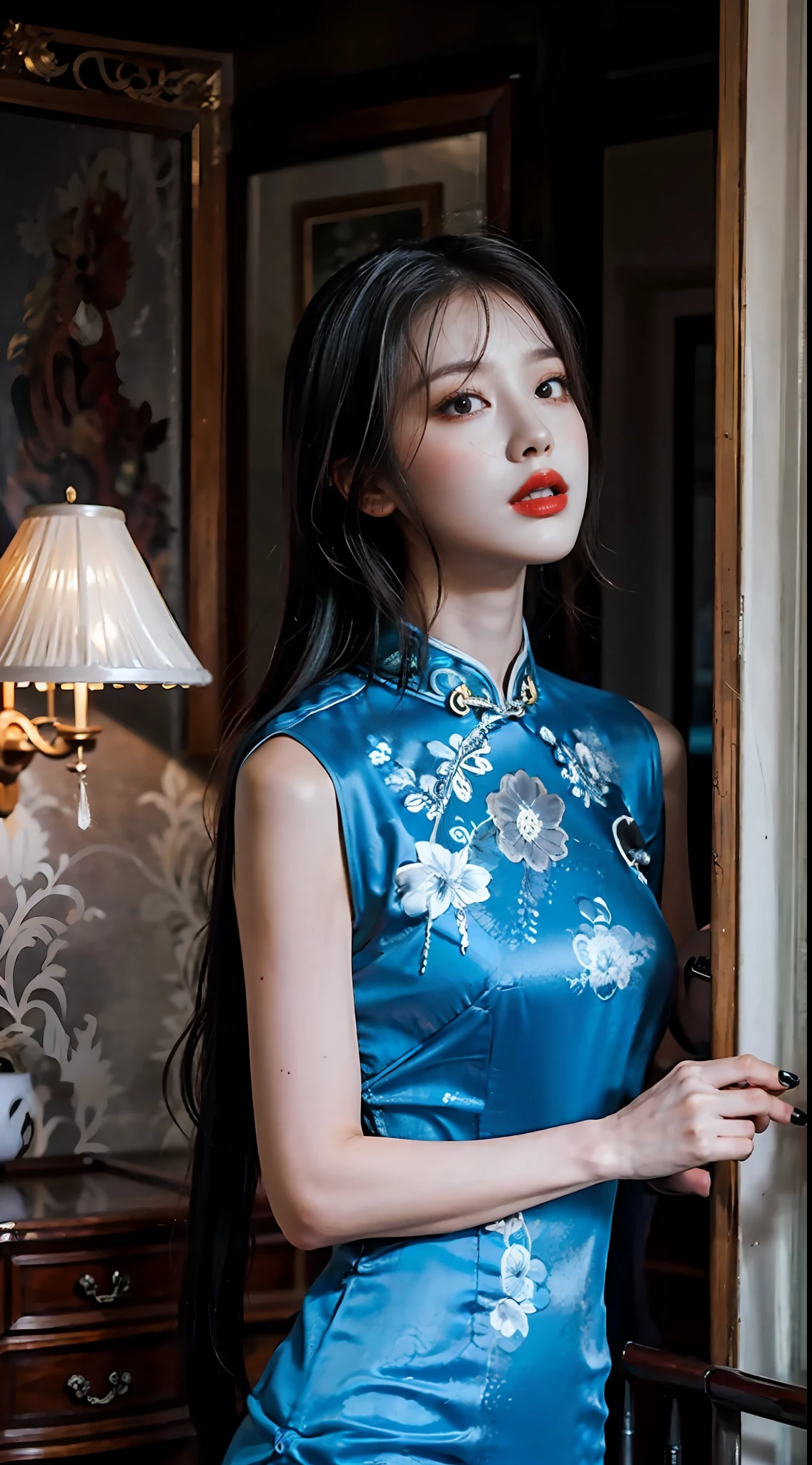 "Beautiful and ，Cyan cheongsam beauty，She wears lipstick，She looked up，Dark lights filled the surroundings，The atmosphere of the night，Full of vintage，She missed her lover，Deeply shrouded in sadness，The picture is HD，A masterpiece。"