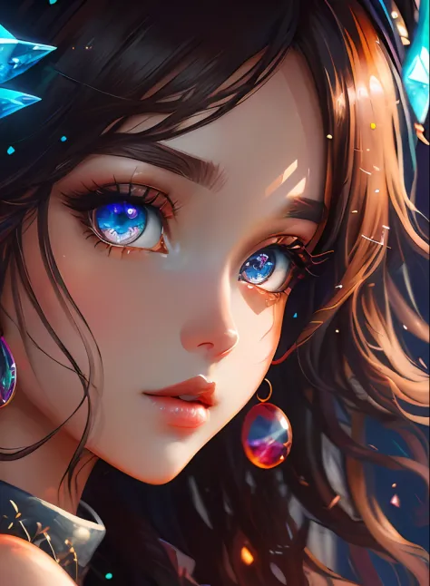 ((top-quality)), ((​masterpiece)), ((realisitic)), (detaileds),animesque、anime styled、 (1人の女性）Earrings only accessories、Close up portrait of woman with amber hair、Very beautiful glowing eyes, Like crystal clear glass、Tank Tops、Summer clothes、4K high-defini...