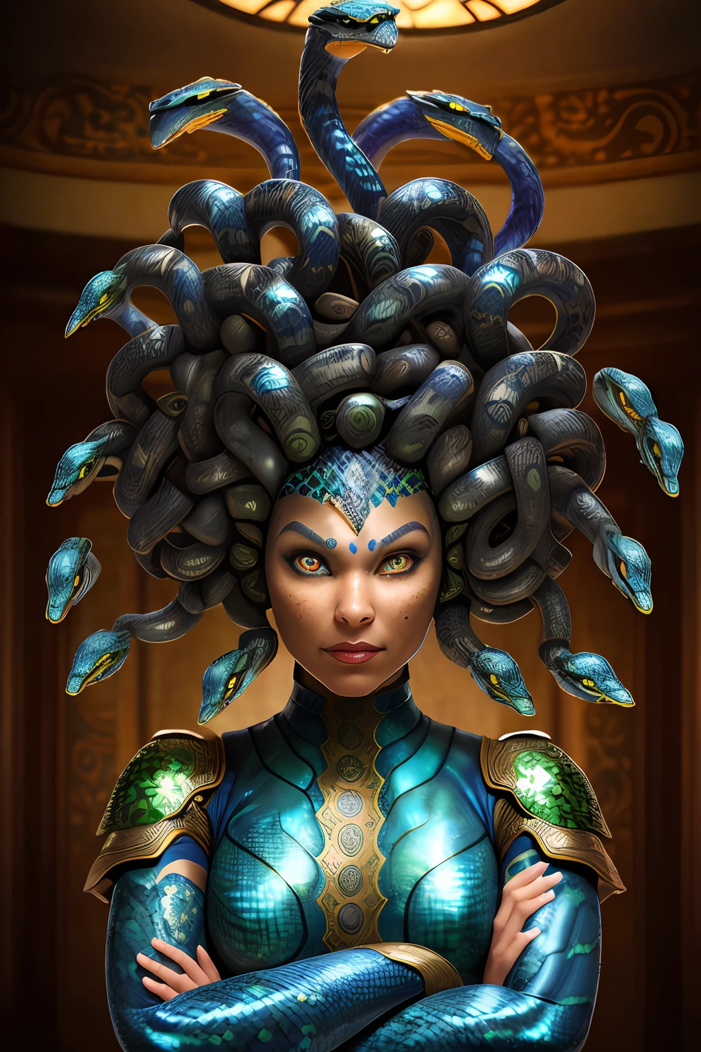 close-up portrait photograph,medusa,serpent warrior armor,intricate highly detailed brown blue (serpent skin:1.2),indoors background,