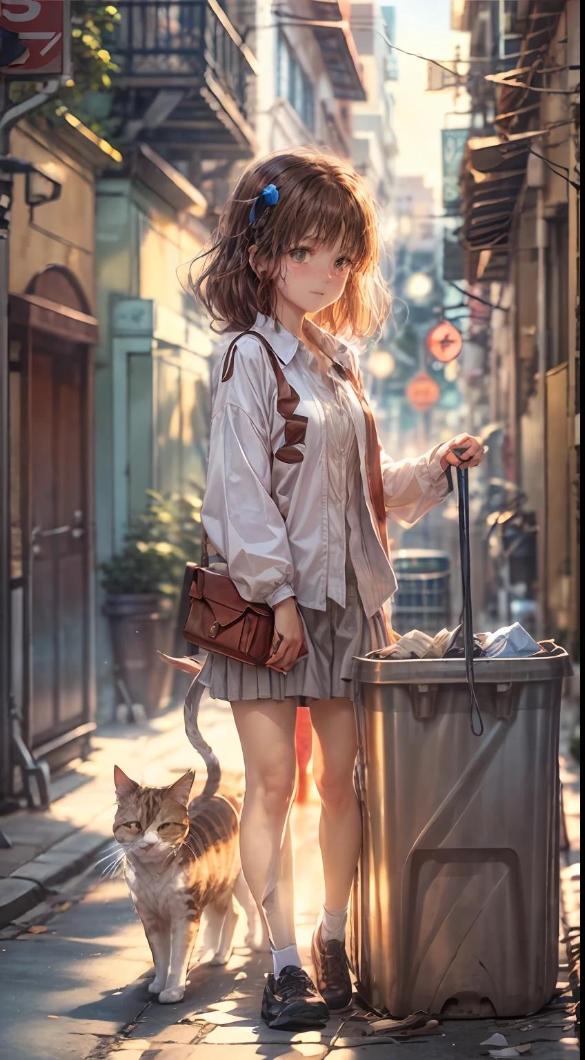 A 13-year-old girl, walking alone in an alley, coming home from get off work, wearing white office clothes, the top of her clothes is unbuttoned, looks tired and weak, her hair is a little messy, but there is a slight smile on her lips, holding a briefcase, there is a cat on it, a trash can, and a few parked bicycles, the sunset rays look perfect with her golden light behind,  The sky is orange, but still blue on the closest side, the photo was taken from a lower corner close to the alley floor<  cute face