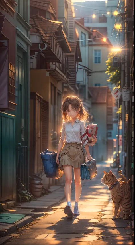 A 13-year-old girl, walking alone in an alley, coming home from get off work, wearing white office clothes, the top of her cloth...