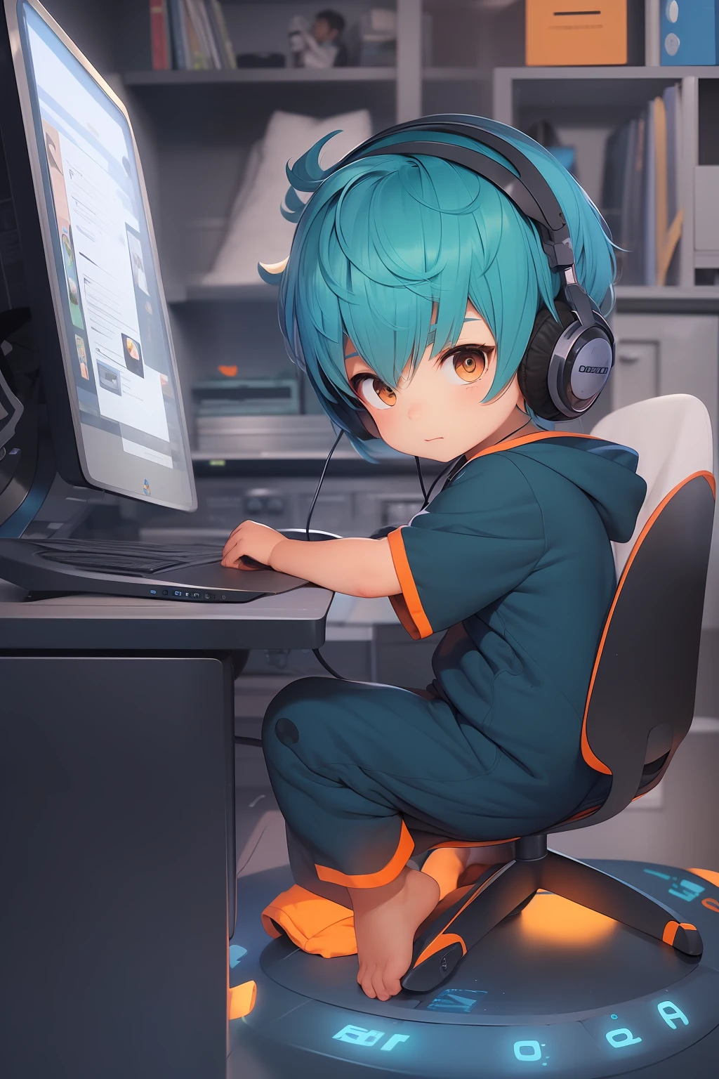 Cute little boy with royal blue hair and orange eyes sitting at his desk playing video games wearing a pajama onesie, gaming, wearing headphones and looking back, night, dark room, child, shota, young, bright monitor, barefoot, feet visible, cute feet, lights off