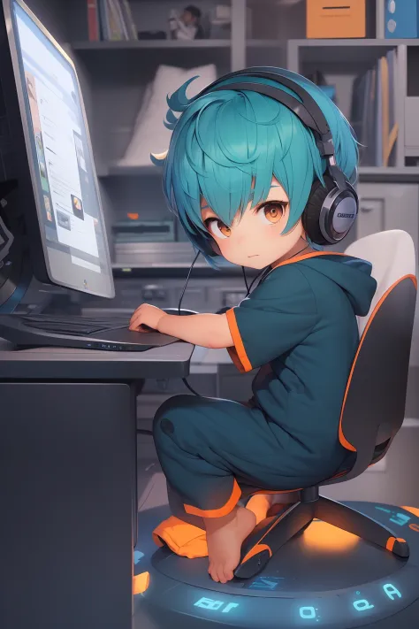 Cute little boy with royal blue hair and orange eyes sitting at his desk playing video games wearing a pajama onesie, gaming, we...