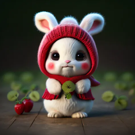 : 3. rabbit, realistic, hairy, clothed animal, apple, dark circles, blush, cherry, food, fruit, full body, hat, non-human, straw...