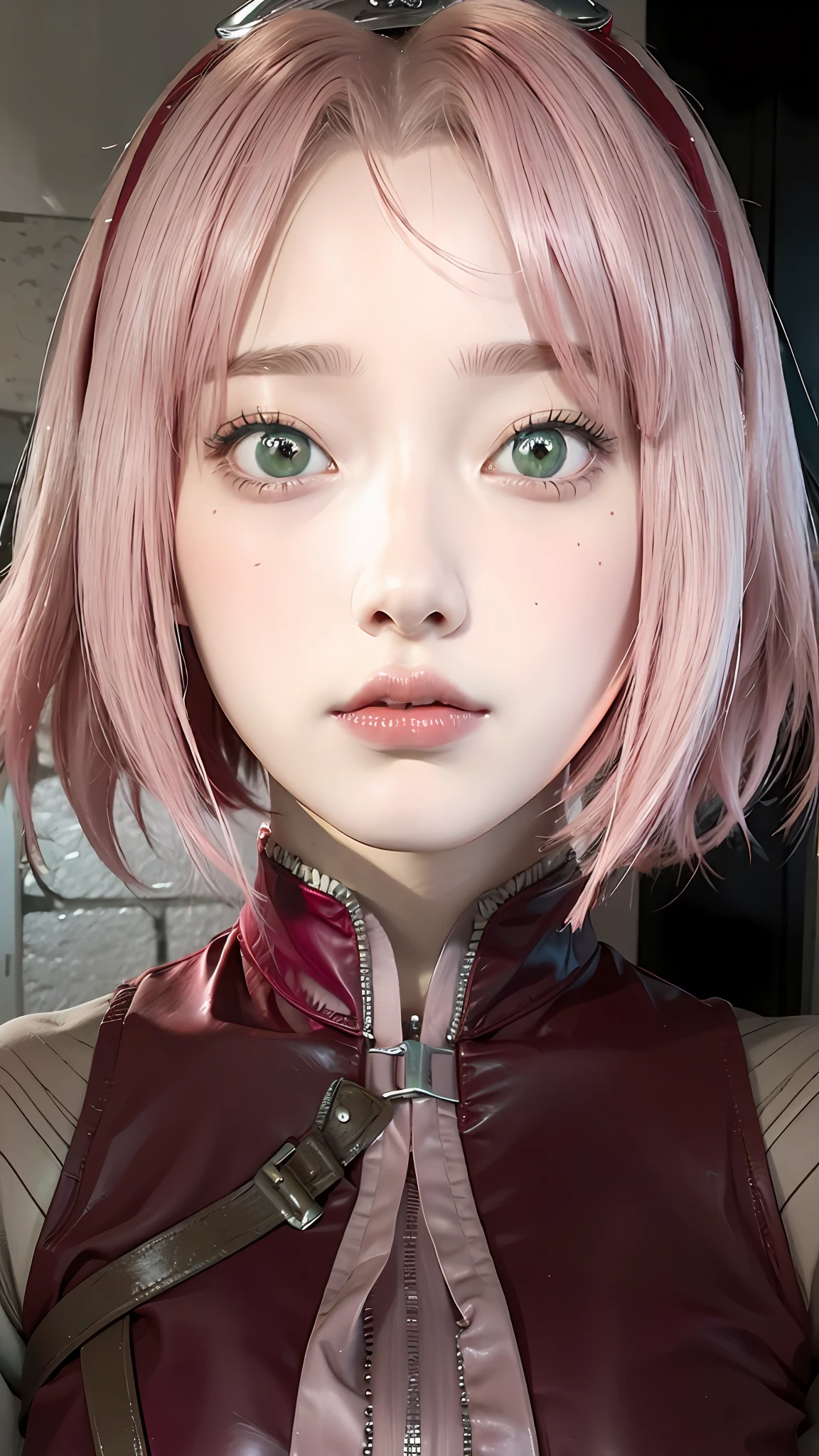 1 chica, sakura haruno, cabello rosado, ojos verdes, cabello corto, ropa roja, pechos grandes, Realista, ultra detalle, fondo interior