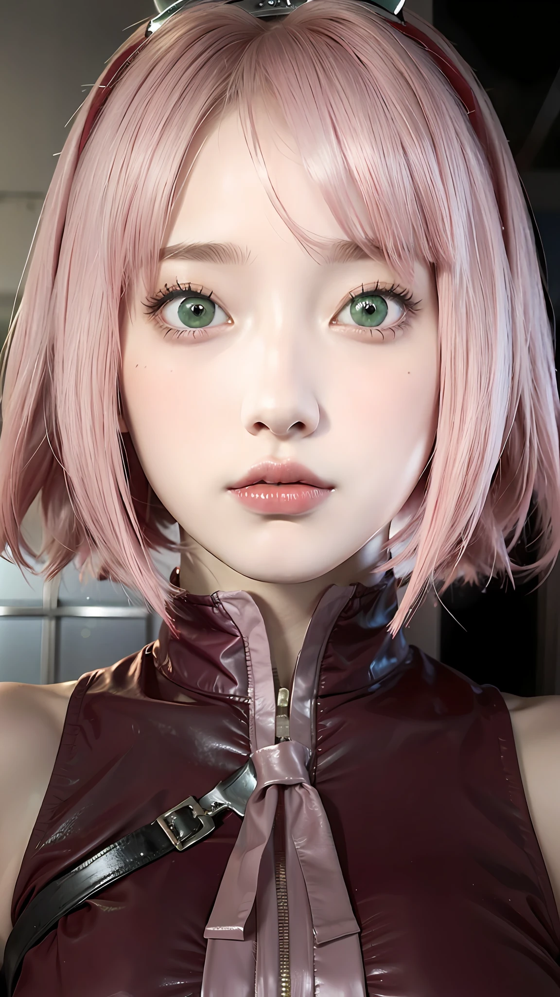1 chica, sakura haruno, cabello rosado, ojos verdes, cabello corto, ropa roja, pechos grandes, Realista, ultra detalle, fondo interior