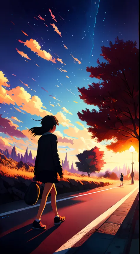 there is a little girl walking down the street with a crow, by makoto shinkai, by Makoto Shinkai, makoto shinkai cyril rolando, ...