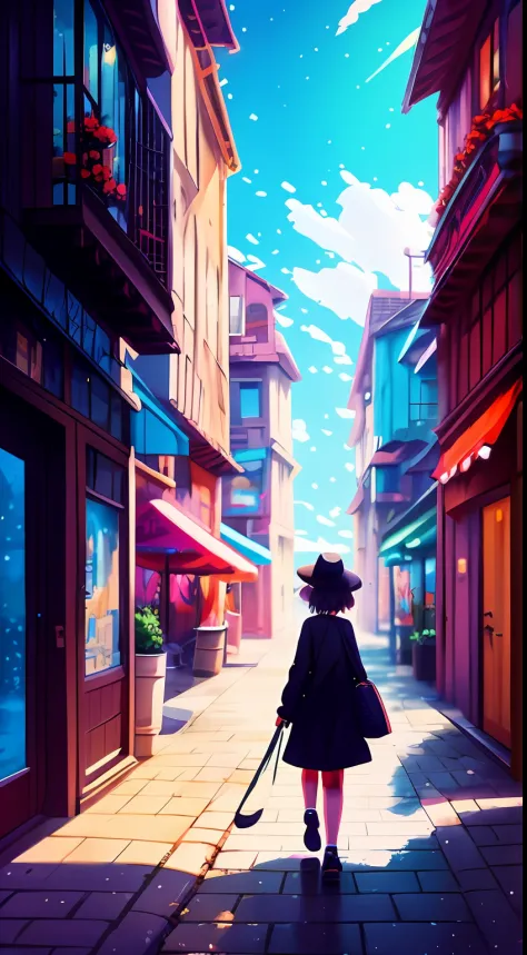 there is a little girl walking down the street with a crow, by makoto shinkai, by Makoto Shinkai, makoto shinkai cyril rolando, ...
