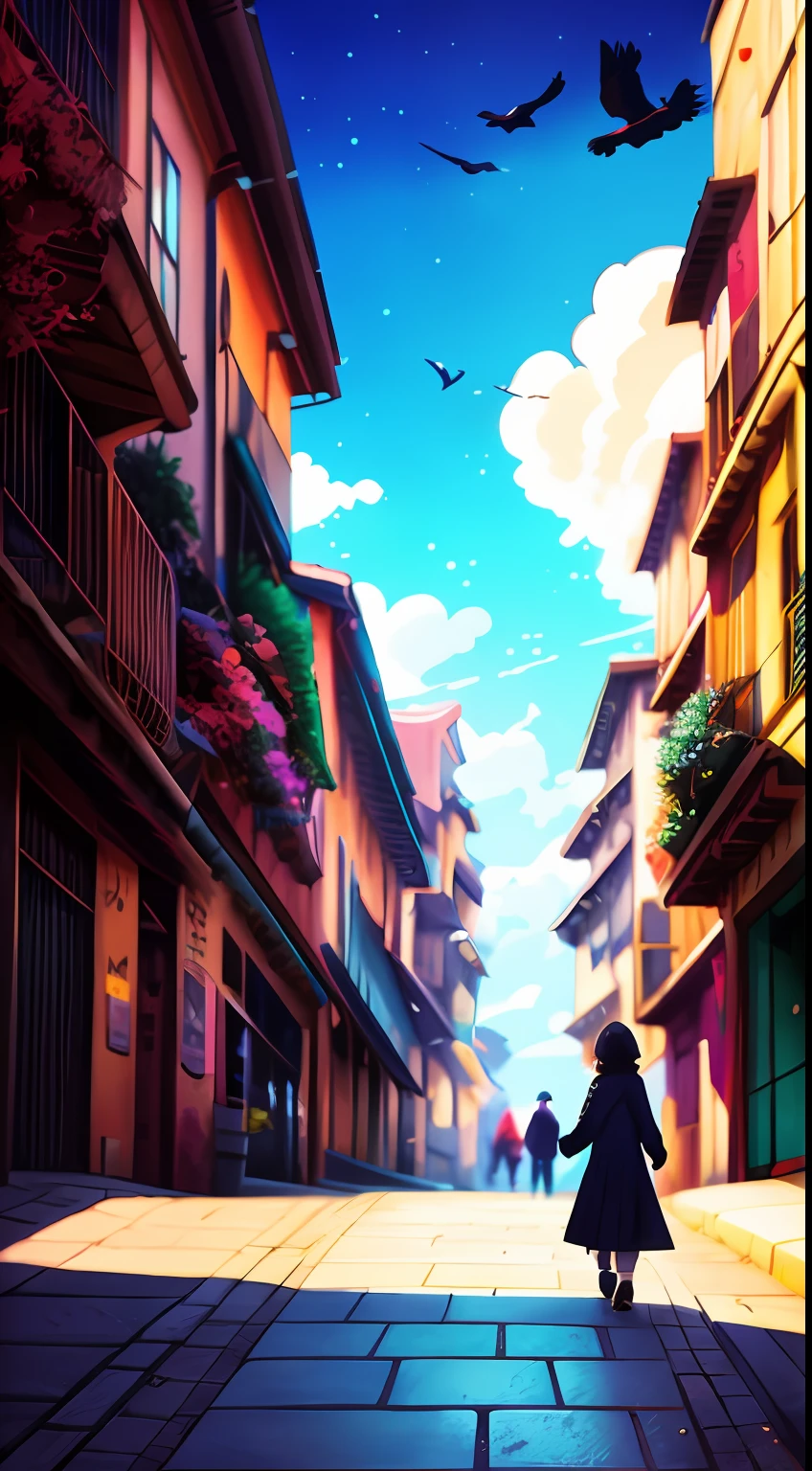 há um andando na rua com um corvo, por Makoto Shinkai, por Makoto Shinkai, makoto shinkai cyril rolando, estilo de makoto shinkai, anime. por Makoto Shinkai, estilo anime 3 d realista, obras de arte no estilo de guweiz, in estilo de makoto shinkai