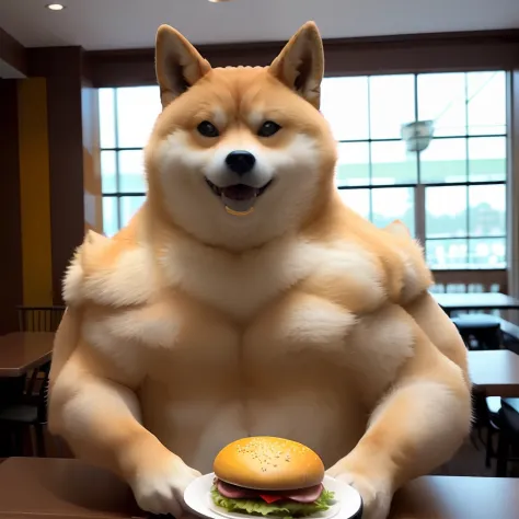 a professional photo of [(((buff swoledoge))):buff swoledoge:8], grinning, dog body, eating a large burger in a restaurant, cine...