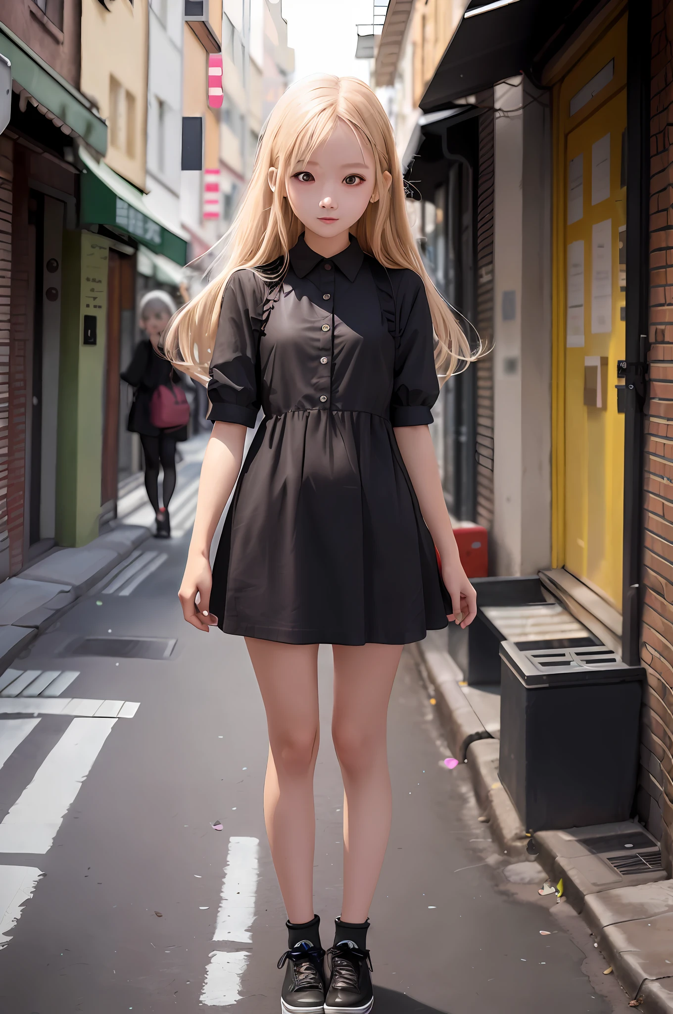 there is a woman that is standing in the street with a skateboard, Anime girl wearing black dress, Anime girl in real life, loli in dress, japanese city street fashion, Wearing a black dress, wearing a dark dress, Surrealism female students, photo of slim girl model, full body cute young lady, she wears a black dress, Cute bar white dress