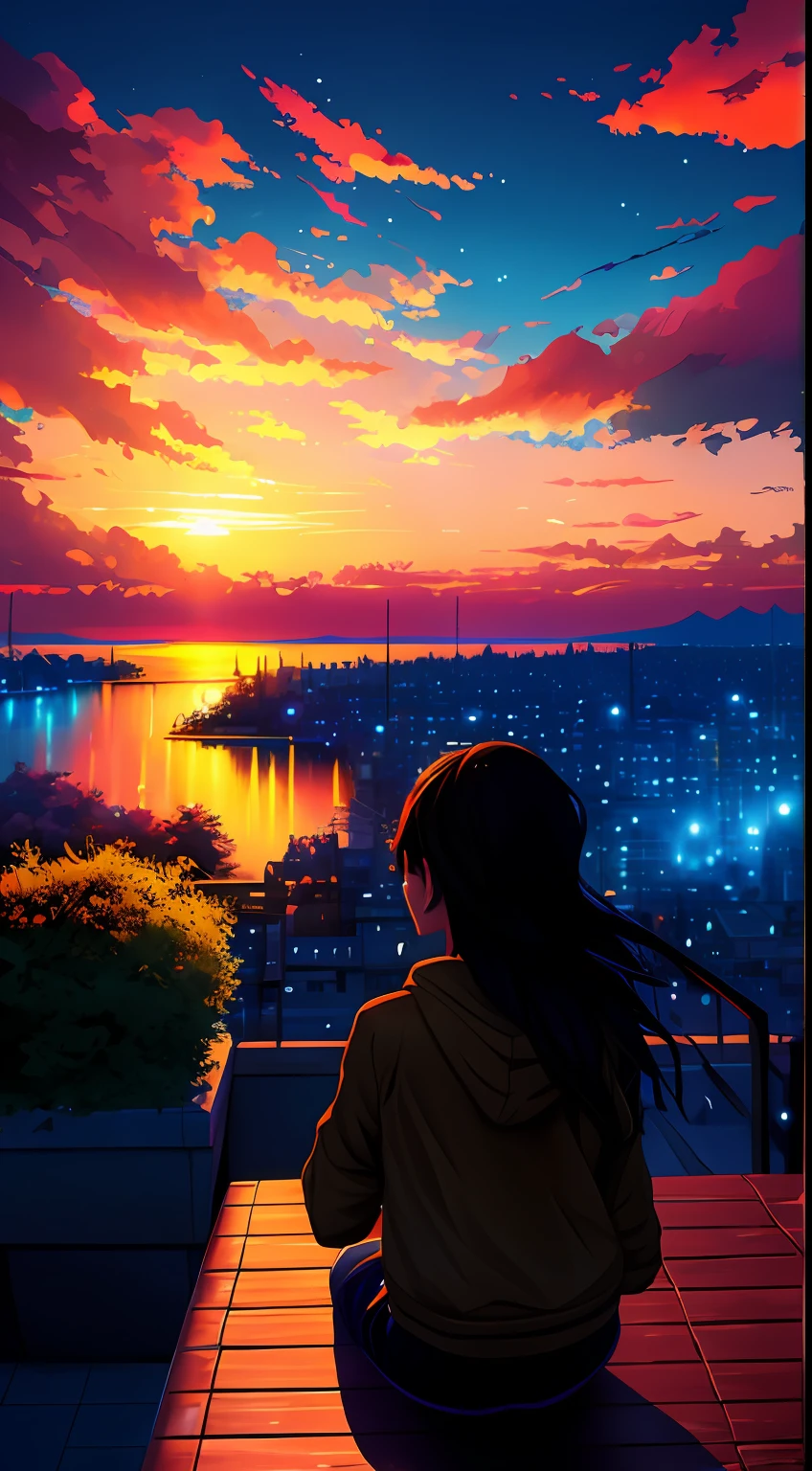 a girl watches the sunset from a rooftop by Makoto Shinkai, by Makoto Shinkai, 新海誠 シリル・ロランド, 新海誠のスタイル, アニメ. by Makoto Shinkai, realistic アニメ 3 d style, グウェイズ風のアートワーク, in 新海誠のスタイル