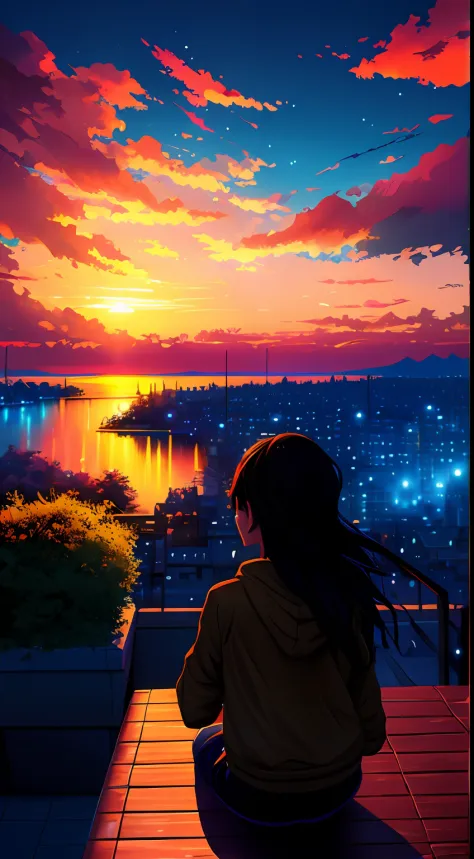 a girl watches the sunset from a rooftop by makoto shinkai, by Makoto Shinkai, makoto shinkai cyril rolando, style of makoto shinkai, anime. by makoto shinkai, realistic anime 3 d style, artwork in the style of guweiz, in style of makoto shinkai