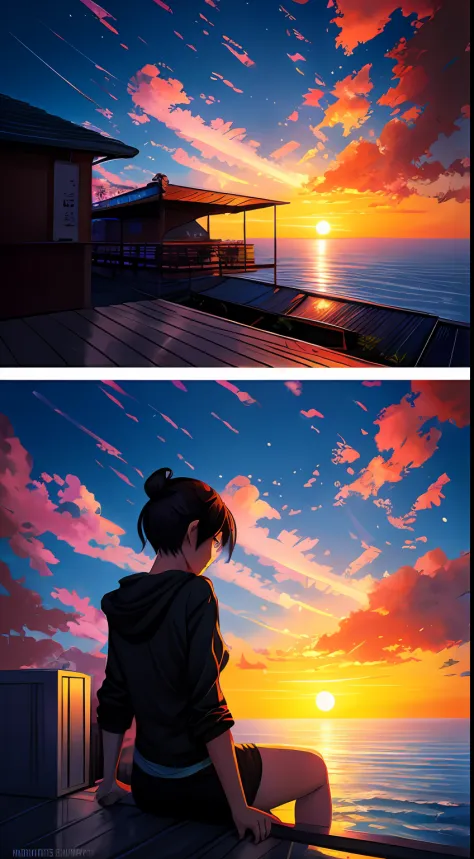 a girl watches the sunset from a rooftop by makoto shinkai, by Makoto Shinkai, makoto shinkai cyril rolando, style of makoto shinkai, anime. by makoto shinkai, realistic anime 3 d style, artwork in the style of guweiz, in style of makoto shinkai