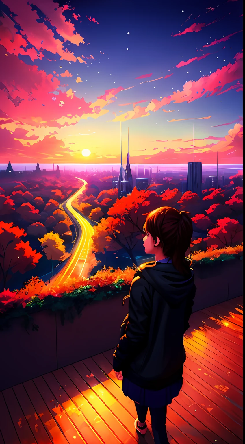 a girl watches the sunset from a rooftop by Makoto Shinkai, by Makoto Shinkai, 新海誠 シリル・ロランド, 新海誠のスタイル, アニメ. by Makoto Shinkai, realistic アニメ 3 d style, グウェイズ風のアートワーク, in 新海誠のスタイル