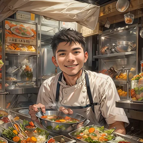 A young handsome male chef stands next to a snack cart，With a smile on his face，Holding a bowl of clear soup in his hand，Detailed close-up of the face，in the style of the stars art group xing xing, 32K, Best quality, Masterpiece, Super detail, High details