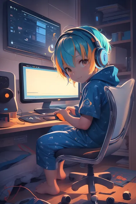 Cute little boy with royal blue hair and orange eyes sitting at his desk playing video games wearing a pajama onesie, gaming, we...