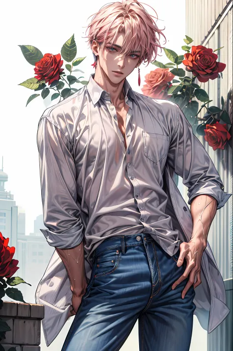 (absurdres, highres, ultra detailed), 1 male, handsome, tall muscular guy, mature, verious red and pink roses around him, jewell...